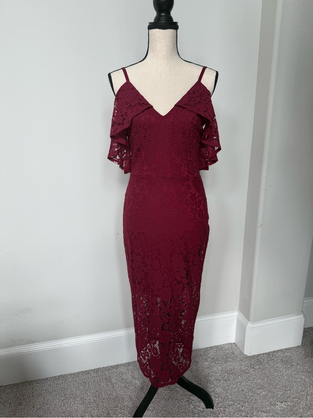 ABS Allen Schwartz Bordeaux Lace Cold-Shoulder Midi Cocktail Dress